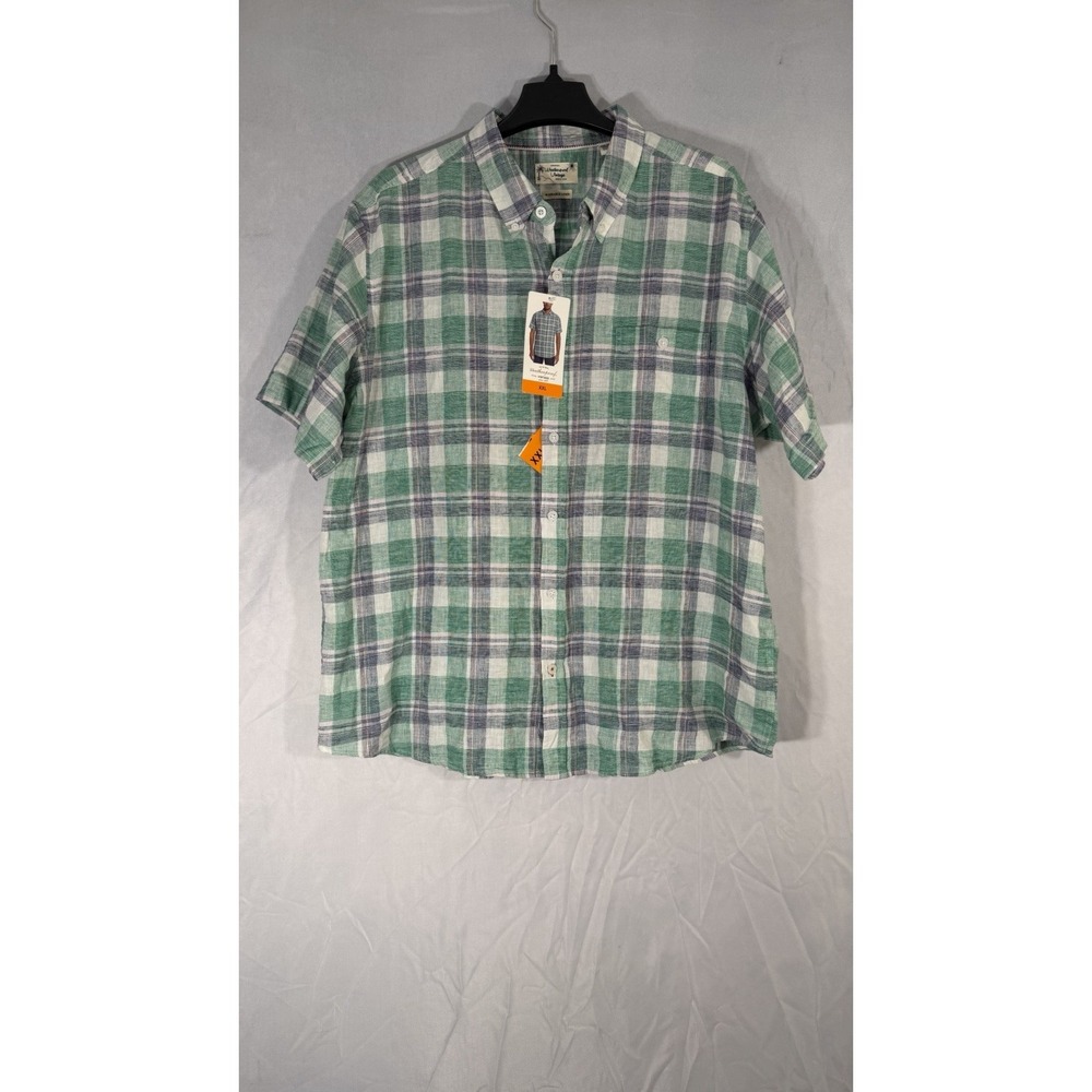 Weatherproof Vintage Men's Washable Linen Short Sleeve‎ Plaid Shirt Green 2XL